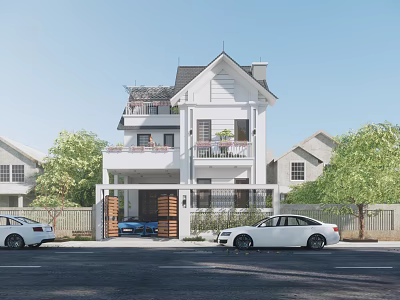Modern Single Family House Exterior Design With Balcony Garage And Front Yard Trees 3d model