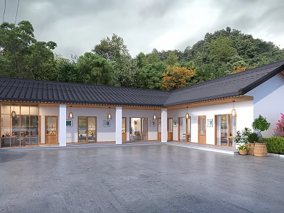 Traditional Guesthouse Building With Open Courtyard White Walls Black Tiled Roof Surrounded By Trees 3d model