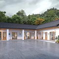 Traditional Guesthouse Building With Open Courtyard White Walls Black Tiled Roof Surrounded By Trees