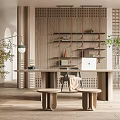 Modern Study Room With Wooden Wall Floating Shelves Long Desk Laptop Small Stools And Green Plant