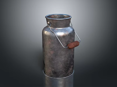 Vintage Silver Metal Milk Can With Wooden Handle And Classic Texture 3d model