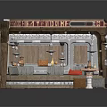 Retro Shop Facade With Wooden Counter Hanging Lamps Signboard And Interior Furnishings