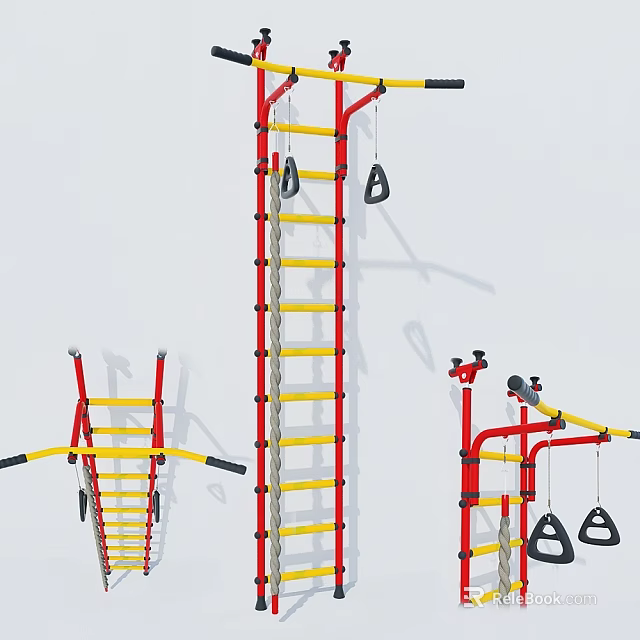 Outdoor Sports Training Equipment With Red Yellow Ladder And Hanging Rings 3d model 