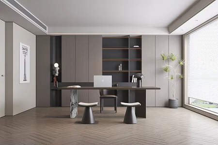 Modern Style Study Desk Chair Bookcase Carpet Chandelier Hanging Picture Ornaments 3d model