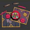 Colorful Arabian Dining Table With Teapot Cups Poufs Red Curtains And Arched Windows