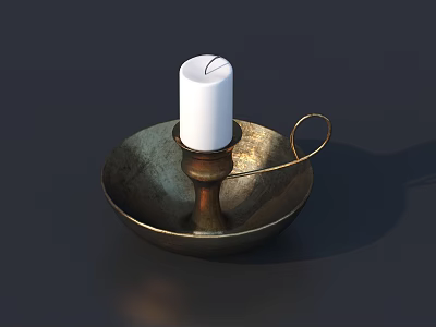 Brass Candle Lamp With Bowl Shaped Base Handle And White Candle 3d model