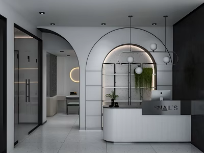 Modern Reception Area With White Desk Arched Doorway Hanging Lights And Green Plants 3d model