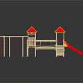 Wooden Children's Playground Structure With Red Slides Yellow Roofs Platforms And Climbing Nets