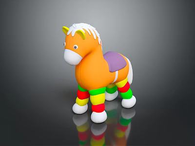 Orange Toy Horse With White Mane Purple Saddle And Colorful Striped Legs On Dark Background 3d model