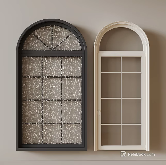Two Different Designed Windows With Black And White Frames Patterned And Clear Glass Panes 3d model 