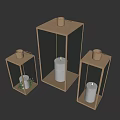 Lit White Candles in Metal Frame Candle Lanterns with Transparent Panels and Greenery