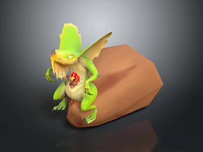 Green Mythical Winged Creature Sitting On Brown Rock With Yellow Details And Red Chest Pattern 3d model