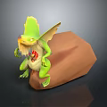 Green Mythical Winged Creature Sitting On Brown Rock With Yellow Details And Red Chest Pattern