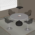 White Round Dining Table Set With Black Base And Four Blue Chairs 3d model