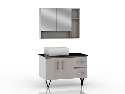 Modern Silver Gray Bathroom Vanity Cabinet With Sink Mirror Upper Shelf And Drawers 3d model