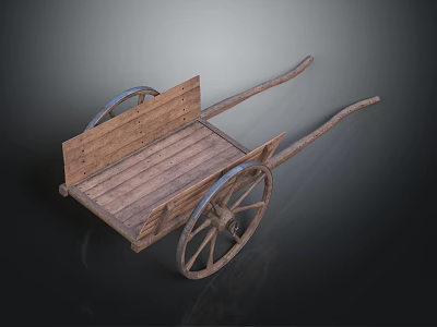 Rustic Wooden Cart With Long Handles Large Spoked Wheels And Flat Bed 3d model