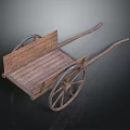 Rustic Wooden Cart With Long Handles Large Spoked Wheels And Flat Bed