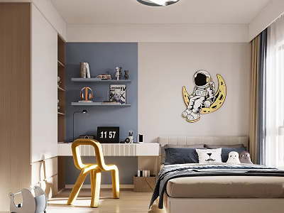 Kids Room Interior With Blue Wall Astronaut Sticker Yellow Chair Desk Bed And Shelves 3d model