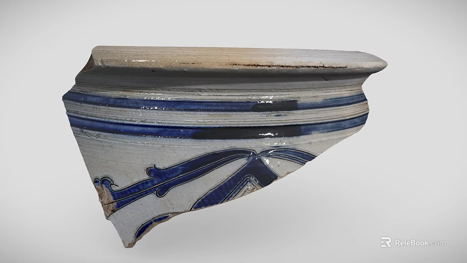 Traditional Blue and White Decorative Ceramic Vessel Fragment with Intricate Patterns 3d model 