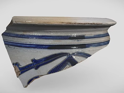 Traditional Blue and White Decorative Ceramic Vessel Fragment with Intricate Patterns 3d model