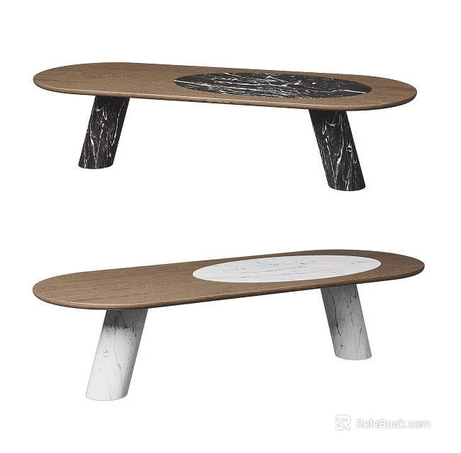 Oval Dining Table With Wooden Tabletop Circular Marble Center And Dark Light Textured Legs 3d model 