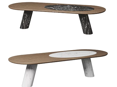 Oval Dining Table With Wooden Tabletop Circular Marble Center And Dark Light Textured Legs 3d model