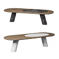 Oval Dining Table With Wooden Tabletop Circular Marble Center And Dark Light Textured Legs