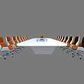 Modern Conference Table With White Surface Blue Central Stripe And Office Chairs With Wheels