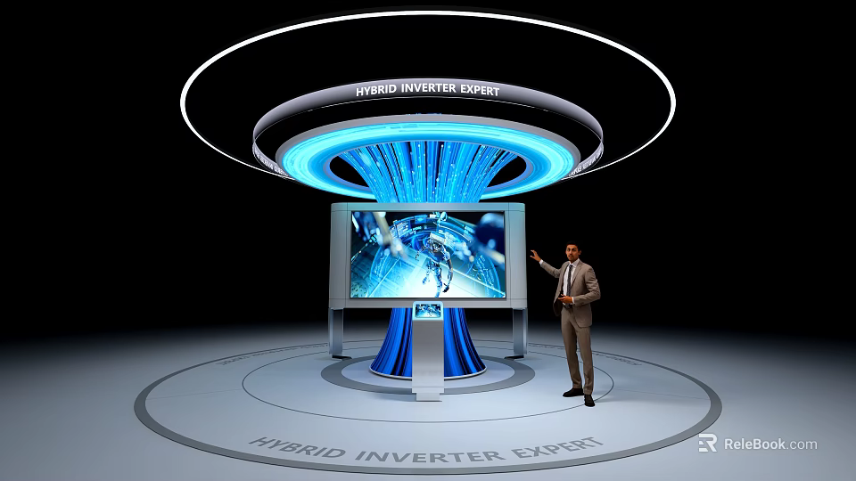 Tech Exhibition Hall with Hybrid Inverter Expert Featuring Large Screen Display Stand 3d model