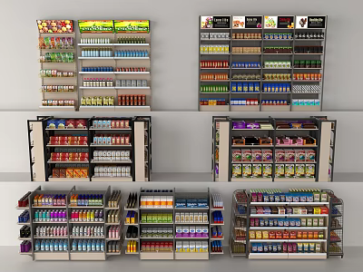 Multi Tier Retail Display Shelves With Organized Colorful Products And Various Items 3d model