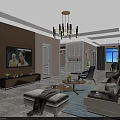 Modern Living and Dining Room Interior With TV Stand Chandelier Sofa Coffee Table And Plants