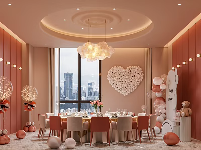 Private Dining Room Interior With Heart Decor Balloons And City View 3d model
