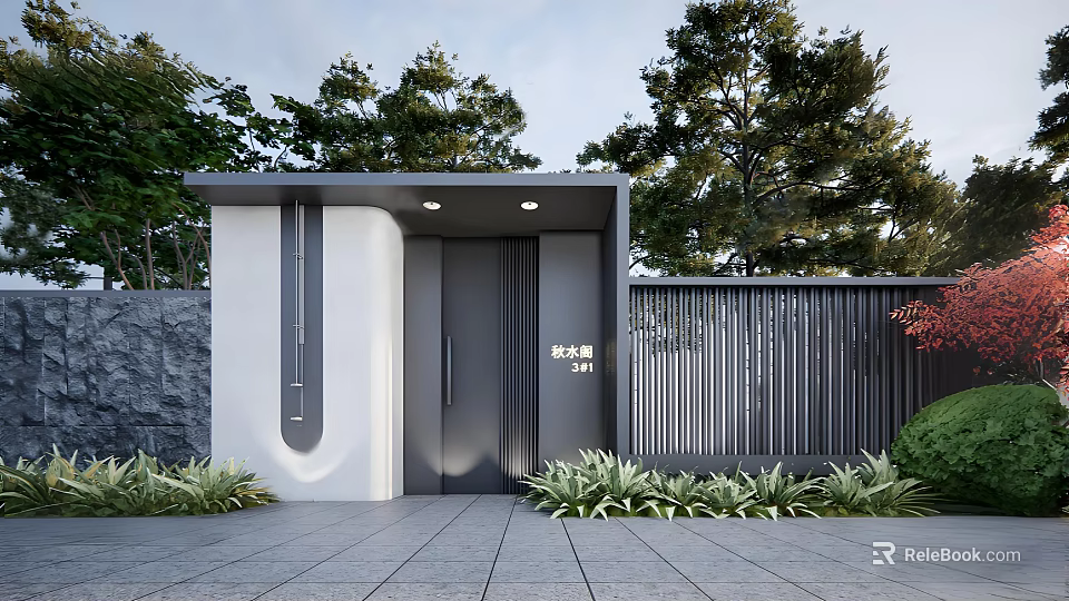 Modern Entrance Gate With Gray Wall Black Door Fence Green Plants And Stone Pavement 3d model 
