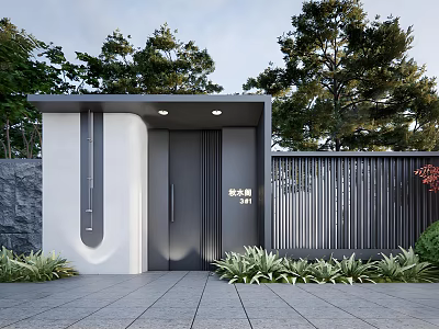 Modern Entrance Gate With Gray Wall Black Door Fence Green Plants And Stone Pavement 3d model
