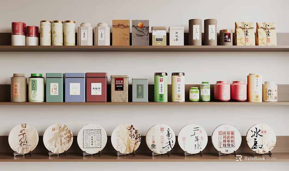 Traditional Tea Sets with Colorful Canisters and Round Tea Cakes on Wooden Shelves 3d model 
