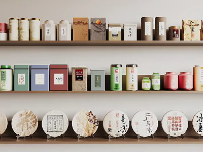 Traditional Tea Sets with Colorful Canisters and Round Tea Cakes on Wooden Shelves 3d model