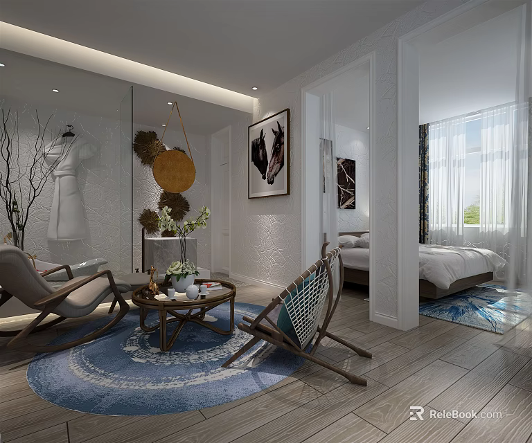 Modern Hotel Guest Room With Comfortable Sofa Decorative Paintings Area Rug And Natural Light 3d model 
