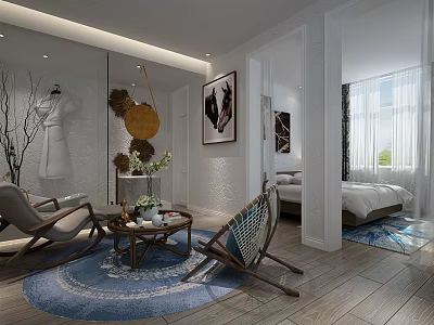 Modern Hotel Guest Room With Comfortable Sofa Decorative Paintings Area Rug And Natural Light 3d model