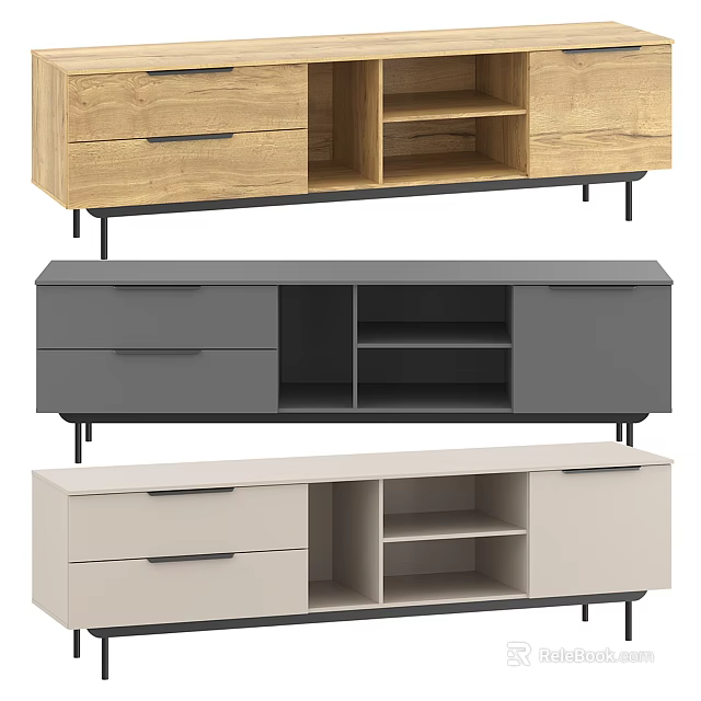 Modern TV Stand With Multiple Color Options Drawers Open Shelves And Metal Legs 3d model 