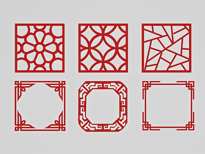 Red Square Decorative Carved Designs with Geometric Floral and Border Patterns for Interior Decoration 3d model