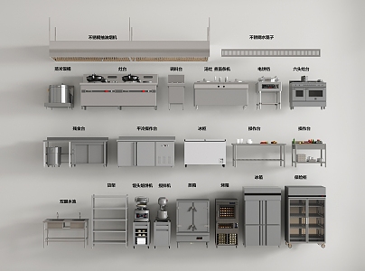 Back Kitchen Equipment Combination Central Kitchen Supplies Kitchenware Refrigerator Steamer Oven Pool Stove Console Shelf 3d model