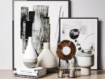 Stylish Decorative Ornament Set With Art Prints Vases Books And Candle Holders 3d model