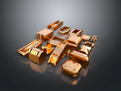 Golden Shiny Metal Parts With Various Shapes Displayed On Dark Background 3d model