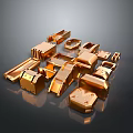Golden Shiny Metal Parts With Various Shapes Displayed On Dark Background