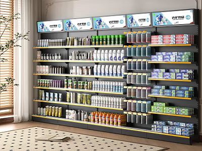Retail Display Shelves With Neatly Arranged Various Products And Brand Labels 3d model