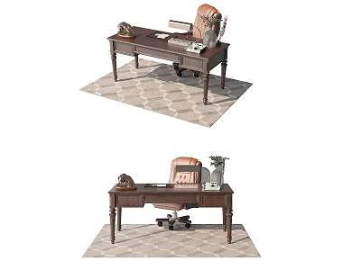 Wooden Office Desk With Telephone Books And Leather Chair On Geometric Rug 3d model