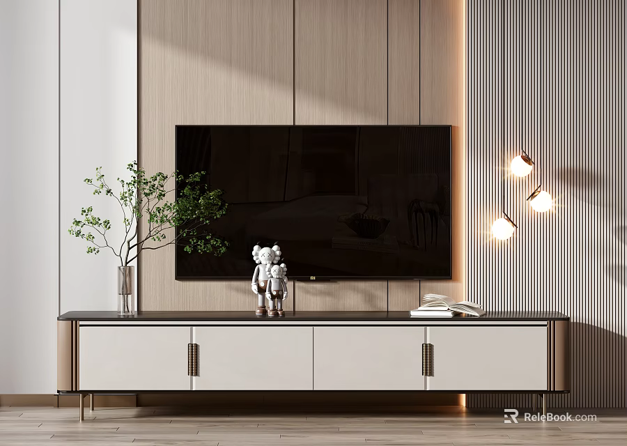 Modern TV Stand With TV Green Plant Decorations And Books In Minimalist Interior 3d model 