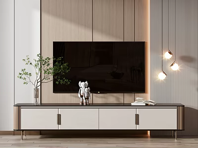 Modern TV Stand With TV Green Plant Decorations And Books In Minimalist Interior 3d model