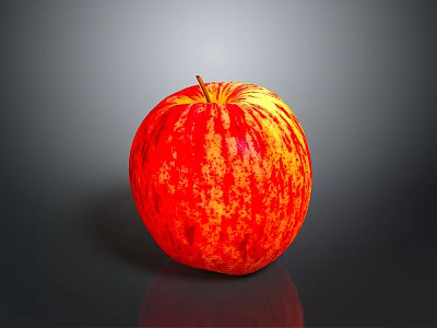 Fresh Red Apple With Yellow Stripes Shiny Surface And Clear Reflection On Dark Background 3d model