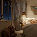 Hotel Guest Room Featuring White Curtains Woven Lampshade White Pillows Colorful Cushions And Woven Decor
